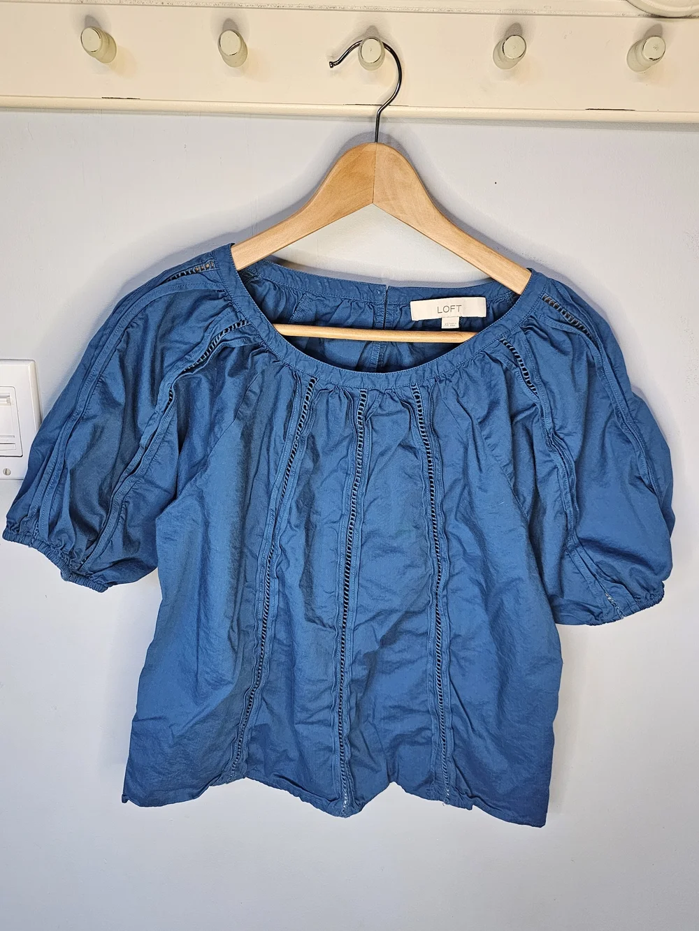 LOFT Blue Puff Sleeve Blouse Pintuck Ladder Lace Trim Top XS